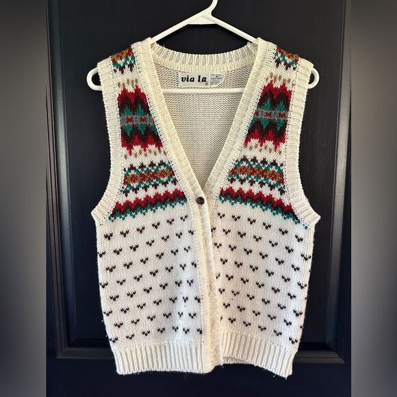 Via La 70’s Knit Button Down Sweater Vest Bone white red green brown Size Medium - Picture 1 of 8